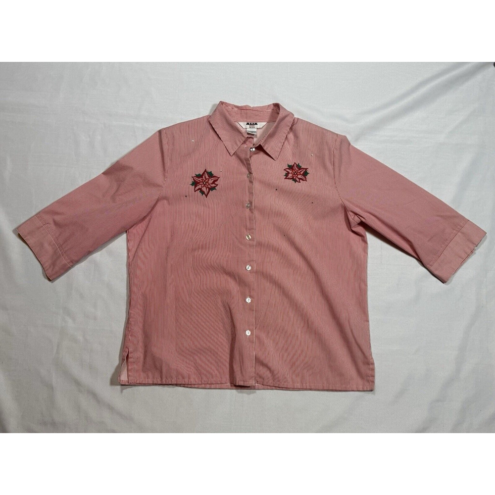 Women’s Christmas Alia Sport 3/4 Sleeve Red Stripe Shirt Sz 14 Petite Vintage
